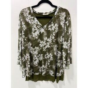 Timeson Women Olive Green Floral Mesh V-Neck Layered Bell Sleeve Blouse XXL